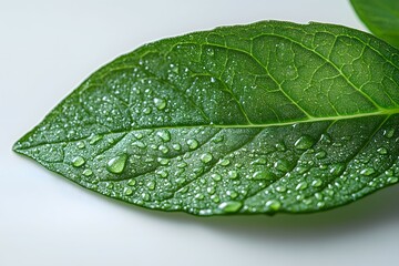 Fresh Green Leaf with Water Droplets on White Surface Detailed Texture Closeup