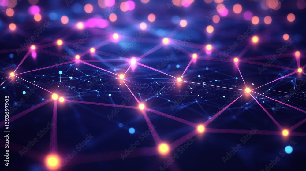 Poster futuristic network visualization with glowing nodes and connecting lines creating an interconnected 