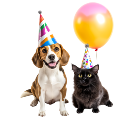 Cute Dog and Cat Birthday Party - Adorable pets dressed up with party hats for a festive birthday vibe. Perfect for greeting cards, children’s events, or digital illustrations.