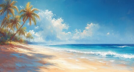 Obraz premium Tropical Beach Landscape with Palm Trees and Ocean Waves under Blue Sky and Clouds