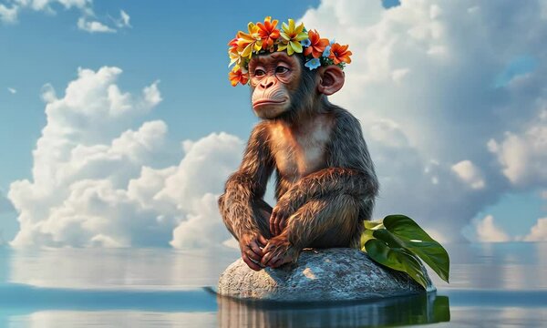 Curious monkey with flower crown relaxing on rock in serene water with ai generated.