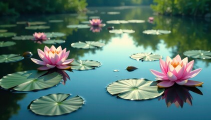 Pastel water lilies forming a repeating pattern on serene lake, soft, pattern, serene