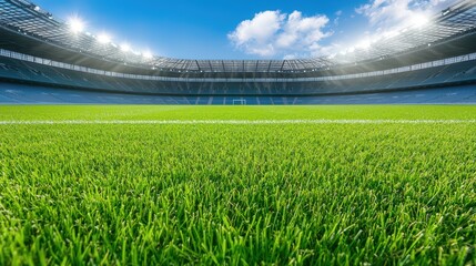 Fototapeta premium Lush green grass field in modern football stadium