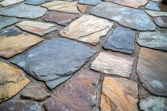 A detailed close up view of stone paving in a garden