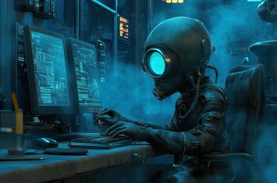 An individual in a futuristic gas mask types on a keyboard