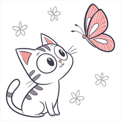Cute Cat and Butterfly Illustration on White Background