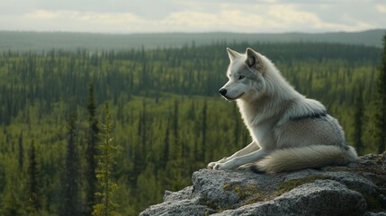 Majestic white wolf sits on a rock overlooking a vast boreal forest landscape.