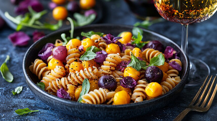 Colorful pasta salad with grape tomatoes and wine, elegant dinner
