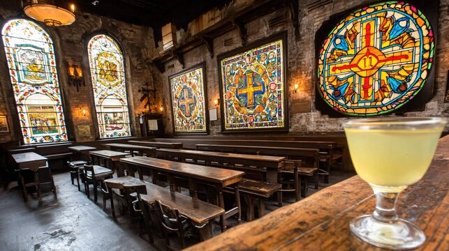 Cozy vintage cafe interior with stained glass windows & rows of tables and seats