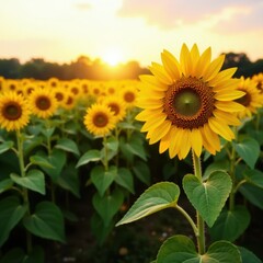 Fototapeta premium Wide-angle shot of a sunflower field in the early morning, dawn, , field