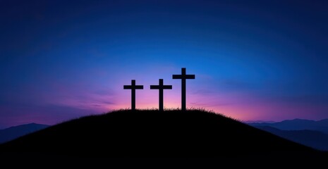 Three Crosses Silhouette on Hill at Twilight Sky for Easter Celebration