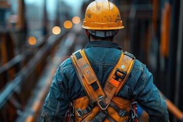 Construction Worker Wearing Safety Harness on Building Site