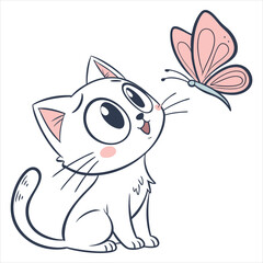 Cute Cat and Butterfly Illustration on White Background