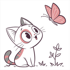 Cute Cat and Butterfly Illustration on White Background