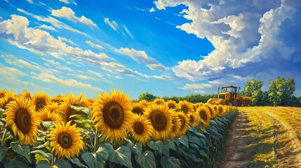 Fototapeta premium Radiant Sunflower Field with Majestic Sky and distant Tractor Landscape