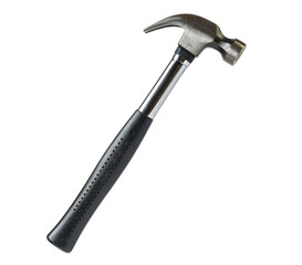 A floating claw hammer with a wooden handle, horizontally aligned, on a solid white background