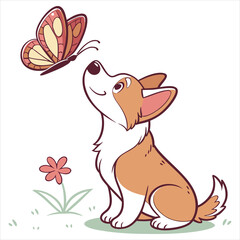 Cute Dog and Butterfly Illustration on White Background