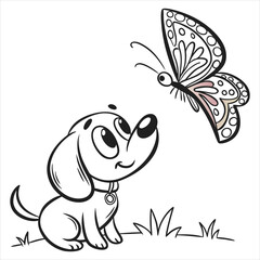 Cute Dog and Butterfly Illustration on White Background