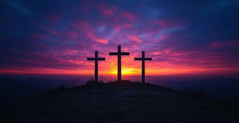 Obraz premium Easter Illustration of Three Crosses on a Hill Against a Twilight Sky