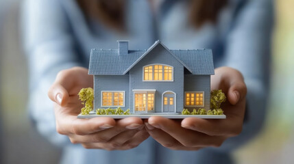 young man and woman investor holding house model