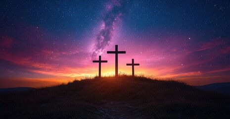 Easter illustration three crosses silhouette on hill blue twilight sky