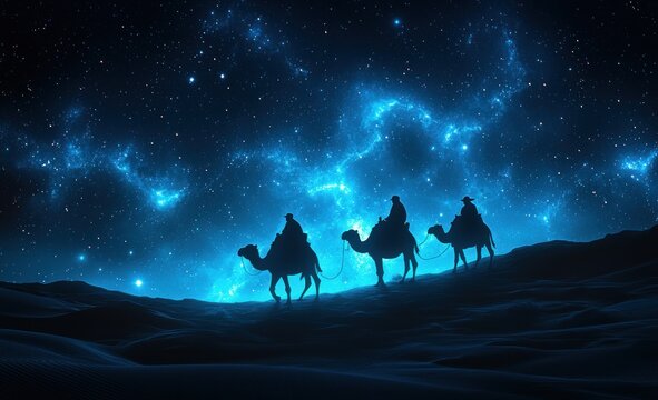 Christmas Nativity Scene of Three Wise Men Traveling to Manger in Night Sky with Camels
