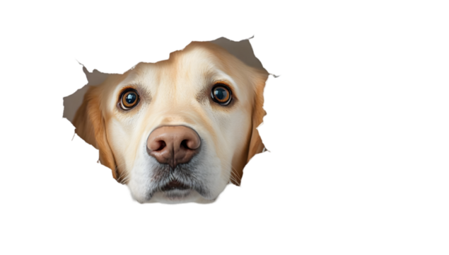 A playful and curious dog peeks through a hole, showcasing its expressive eyes and friendly demeanor.