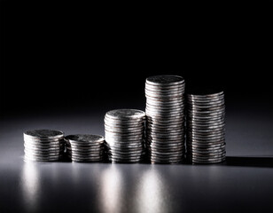 Pile of silver coins with dramatic shadow, dark background