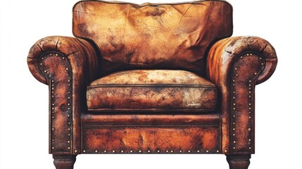 Fototapeta premium Worn leather armchair. Antique, distressed, brown leather, old, damaged, vintage, furniture, armchair, seat, worn, aged, style