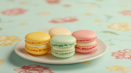 Colorful Macarons on a White Plate with Floral Background Perfect for Pastry Lovers