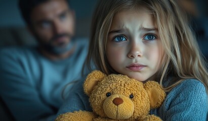 Girl Holding Teddy Bear While Parents Argue in Bedroom