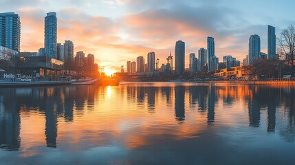 Fototapeta premium Stunning city skyline during sunset, reflecting on calm waters for a serene urban vibe.