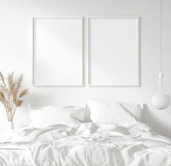 Minimalist bedroom with two framed prints (1)