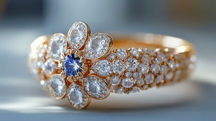 Fototapeta premium A stunning flower-shaped gold ring adorned with sparkling diamonds and a blue gemstone.