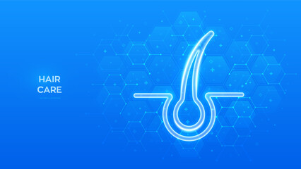 Hair icon. Dermatology therapy for epidermis. Hair loss, growth, transplant, removal, care. Hair follicle treatment. Trichology. Molecular structure. Blue medical background with hexagons. Vector.