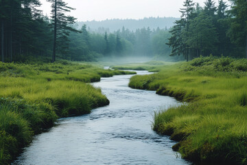Fototapeta premium Peaceful stream flowing through forest meadow