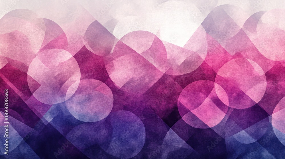 Poster overlapping geometric shapes in watercolor textures creating a dynamic interplay of circles and angl
