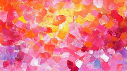 Abstract painting featuring vibrant hues. Warm tones blend with pinks and purples in impasto style