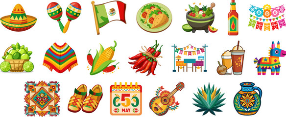 Celebrate Cinco de Mayo with this vibrant collection of Mexican-themed icons! Perfect for festive designs and cultural promotions.