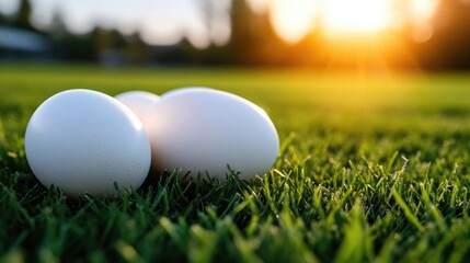 Naklejka premium Fresh white eggs on green grass at sunset