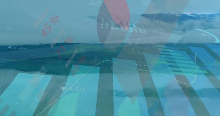 Overlaying animation of financial data and graphs on serene ocean landscape - Powered by Adobe