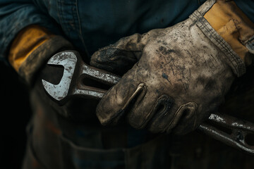 Two gloved hands holding wrench, closeup, dark industrial background..