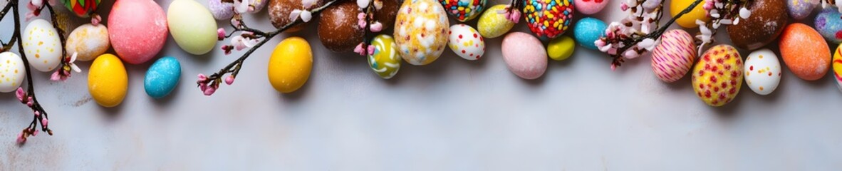 Obraz premium Colorful Easter eggs and candies border