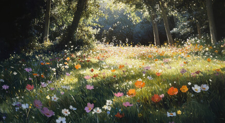 Fototapeta premium A Colorful Meadow of Flowers in Sunlight
