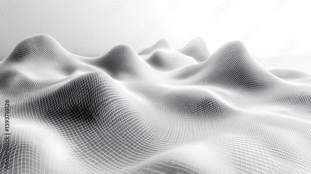 Poster abstract monochrome landscape displaying undulating hills with grid structure under soft illuminatio