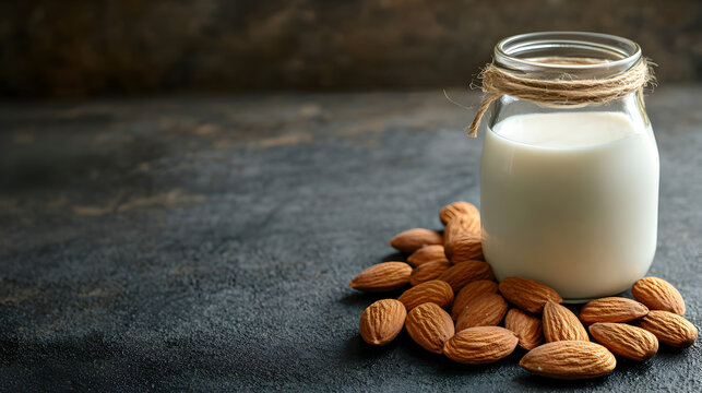 un tarro de vidrio con leche de almendras junto a un pu&ntilde;o de almendras sobre una mesa con espacio de copia comida saludable
