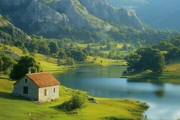 Fototapeta premium Quaint stone house by the serene mountain lake