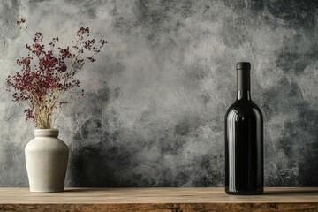 A bottle of red wine rests beside an elegant floral vase