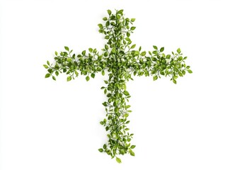 Green Leaf Cross Isolated on White Background Symbolizing Faith and Religion