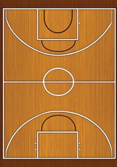 Detailed Basketball Court Illustration with Hardwood Floor and White Lines
